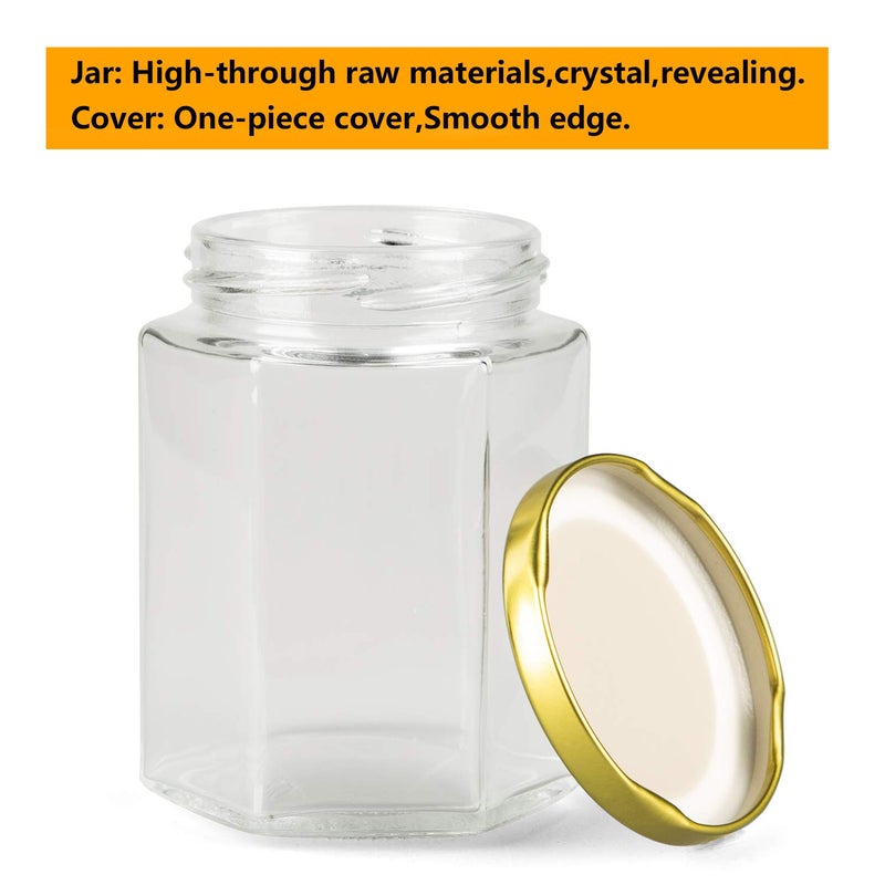 Encheng 10 oz Hexagon Jars,Clear Glass Honey Jars With Lids(Golden),Small Mason Jars For Honey,Foods,Jams, Liquid,Herb Spice Canning Jars For Storage,Party Favor,20 Pack - Image 3